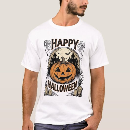ハロウィン パンプキン 墓場 ビンテージ スプーキー Tシャツ アート (正面)