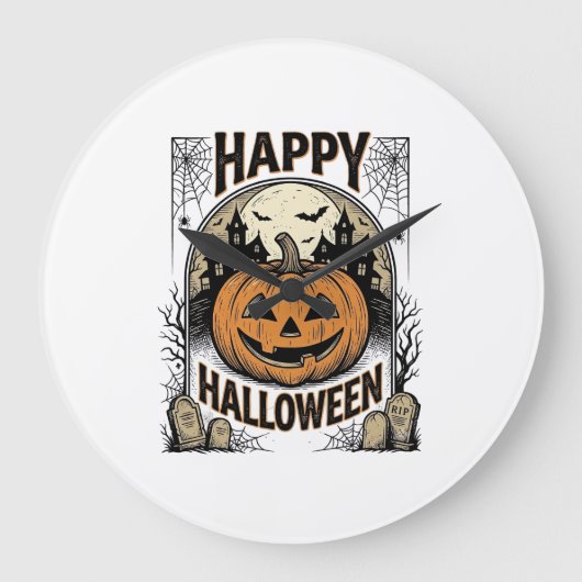 ハロウィン パンプキン 墓場 ヴィンテージ スプーキー Tシャツ アート ラージ壁時計 (正面)