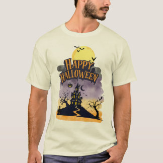 ハロウィン パープルサンセット 幽霊屋敷 デザイン Tシャツ