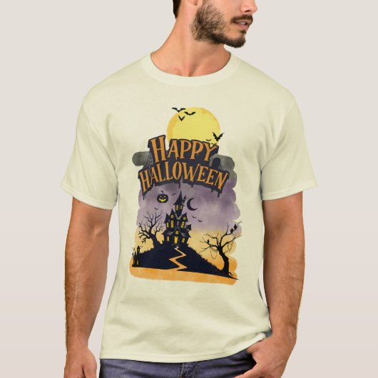ハロウィン パープルサンセット 幽霊屋敷 デザイン Tシャツ (正面)