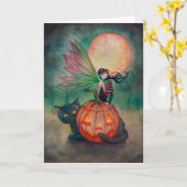 ハロウィン・ピクシーフェアリーと黒猫の幻想芸術 カード (黄色い花)