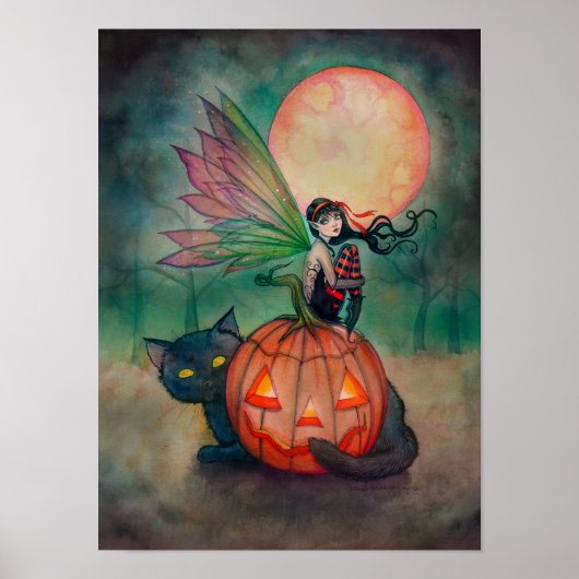 ハロウィン・ピクシーフェアリーと黒猫の幻想芸術 ポスター (正面)