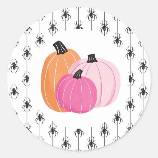 ハロウィン ピンクのカボチャとクモ ラウンドシール (正面)