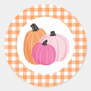 ハロウィン ピンクのカボチャ オレンジのチェック柄 ラウンドシール