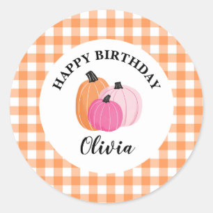 ハロウィン ピンクのカボチャ オレンジのチェック 誕生日 ラウンドシール