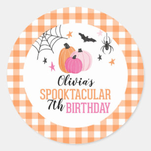 ハロウィン ピンクのカボチャ オレンジのチェック 誕生日 ラウンドシール
