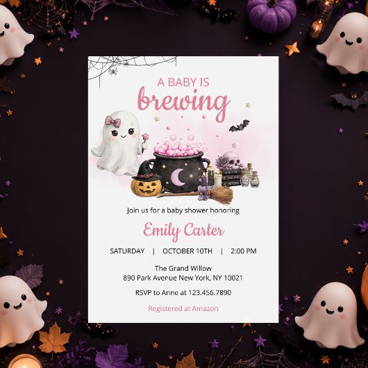 ハロウィン ピンク ベビーシャワー Baby Is Brewing 招待状