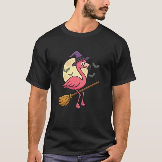 ハロウィン フラミンゴ 魔女 ほうき 面白い Tシャツ (正面)