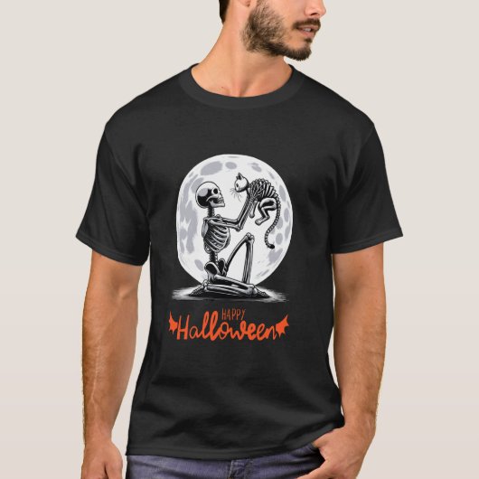 ハロウィン フルムーン スケルトン 猫 かわいい 面白い Tシャツ (正面)
