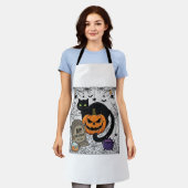 ハロウィン ブラックキャット パンプキン 墓石 大鍋 RIP エプロン (着用した状態)