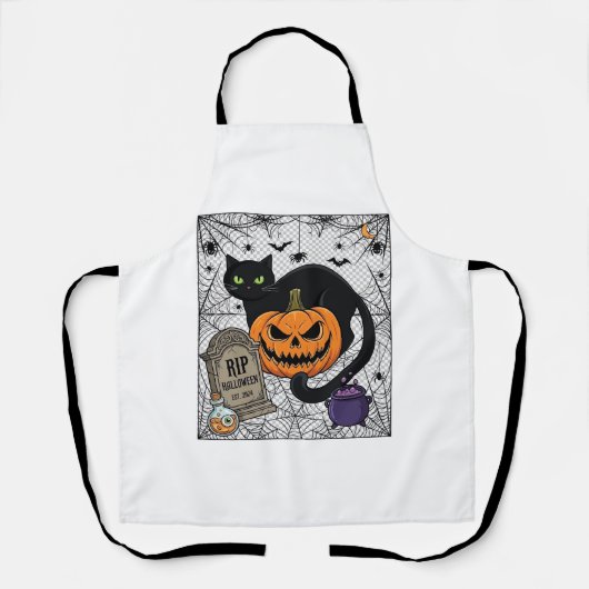 ハロウィン ブラックキャット パンプキン 墓石 大鍋 RIP エプロン (正面)