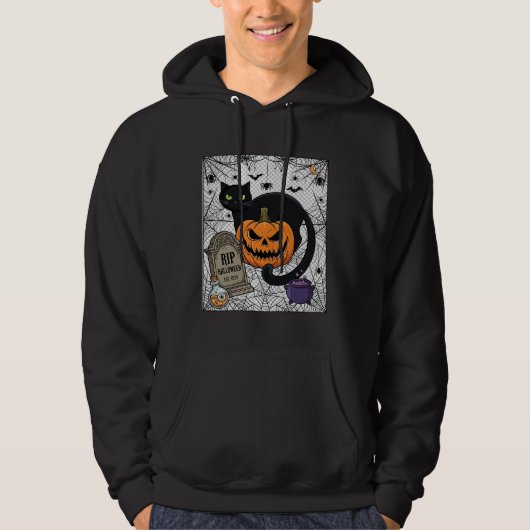 ハロウィン ブラックキャット パンプキン 墓石 大鍋 RIP パーカ (正面)