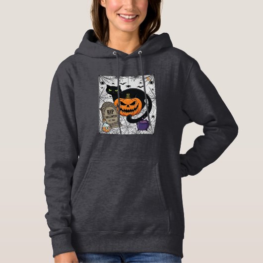 ハロウィン ブラックキャット パンプキン 墓石 大鍋 RIP パーカ (正面)
