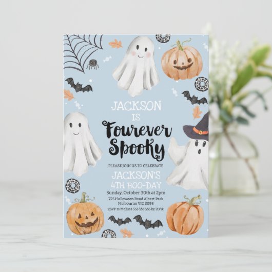 ハロウィン ブルー フォーエバー スプーキー 4歳の誕生日 招待状 (スタンド正面)
