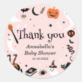 ハロウィン・ベビーシャワーのお礼 ピンクのオバケ ラウンドシール (正面)