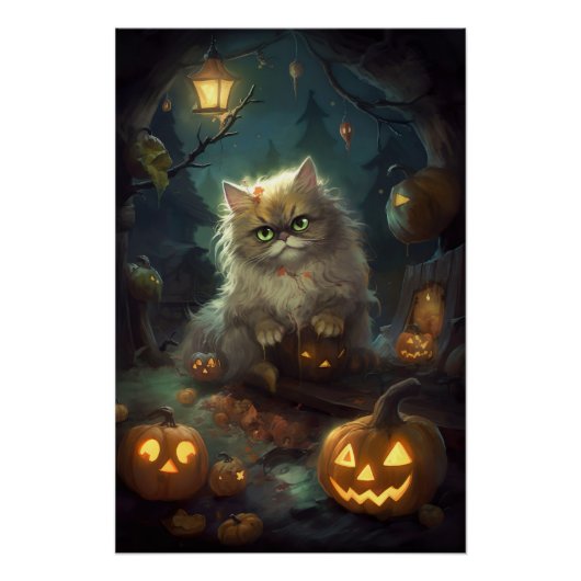 ハロウィン ペルシャ猫 かぼちゃ 怖い ポスター (正面)