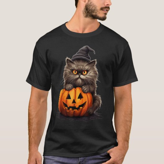 ハロウィン ペルシャ猫 魔女の帽子 かぼちゃ Tシャツ (正面)