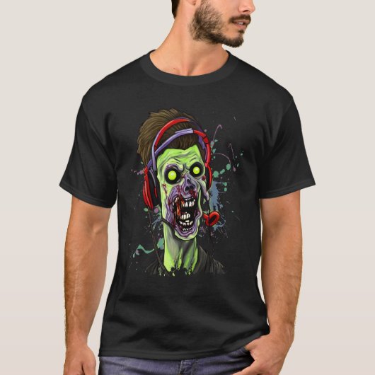 ハロウィン ホラー ゾンビゲーマー ビデオゲームプレイ中 Tシャツ (正面)