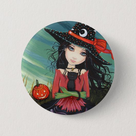 ハロウィン ボタン ピン 魔女 猫 アート 缶バッジ (正面)