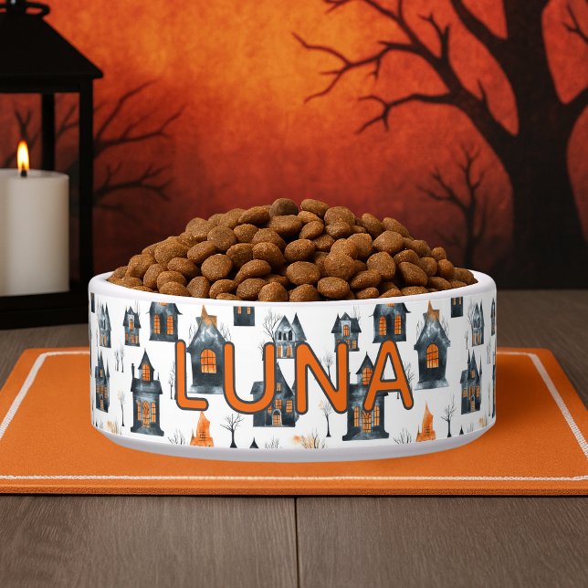 ハロウィン・マニアックハウス オーダーメイド犬用グッズ ボウル (Halloween Miniature Haunted Houses Custom Name Dog Bowl
)