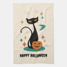 ハロウィン ミッドセンチュリー ブラックキャット キッチンタオル