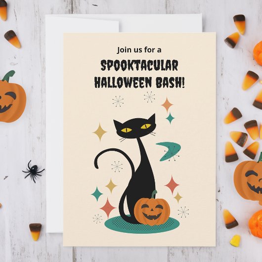 ハロウィン ミッドセンチュリー ブラックキャット 招待状