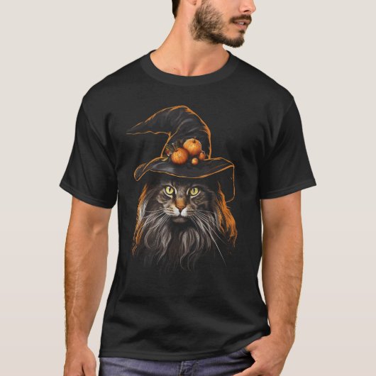 ハロウィン メインクーン 猫 魔女の帽子 デザイン Tシャツ (正面)
