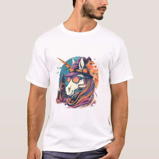 ハロウィン ユニコーン 魔女 コウモリ Tシャツ (正面)