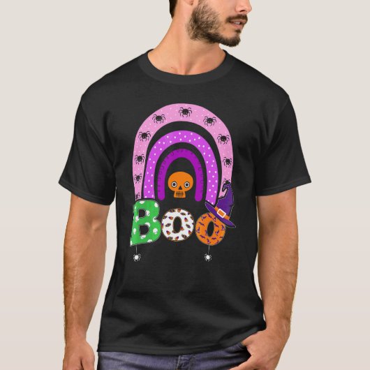 ハロウィン レインボー クモ 魔女の帽子 4 Tシャツ (正面)