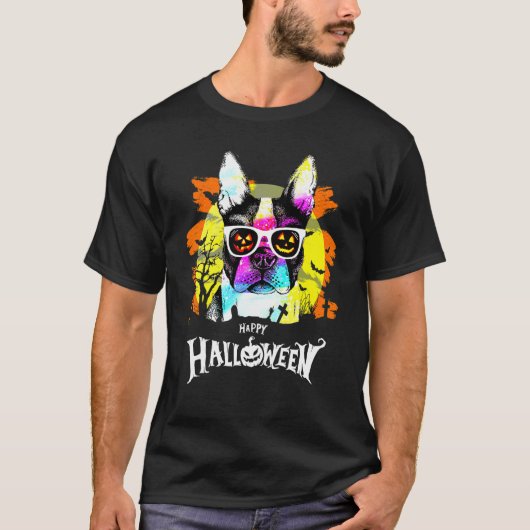 ハロウィン レインボー パグ 犬 ハロウィン 怖い夜 Tシャツ (正面)