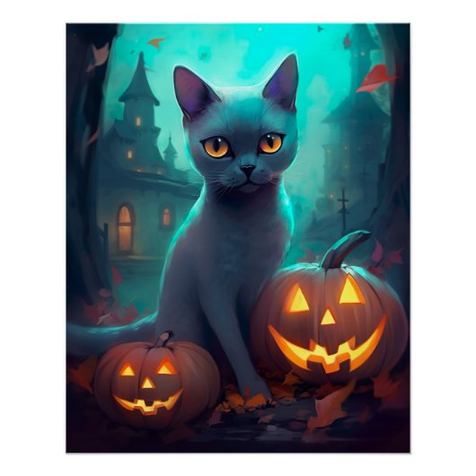 ハロウィン ロシアンブルー かぼちゃ 怖い猫 ポスター (正面)