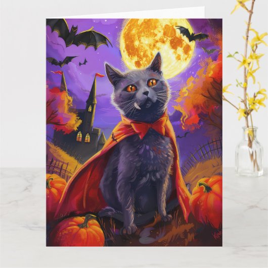 ハロウィン ロシアンブルー 吸血猫 かぼちゃ スケアリー カード (黄色い花)