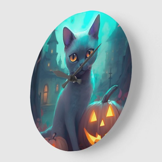ハロウィン ロシアンブルー 猫 かぼちゃ スケアリー ラージ壁時計 (傾斜)