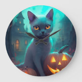 ハロウィン ロシアンブルー 猫 かぼちゃ スケアリー ラージ壁時計 (正面)