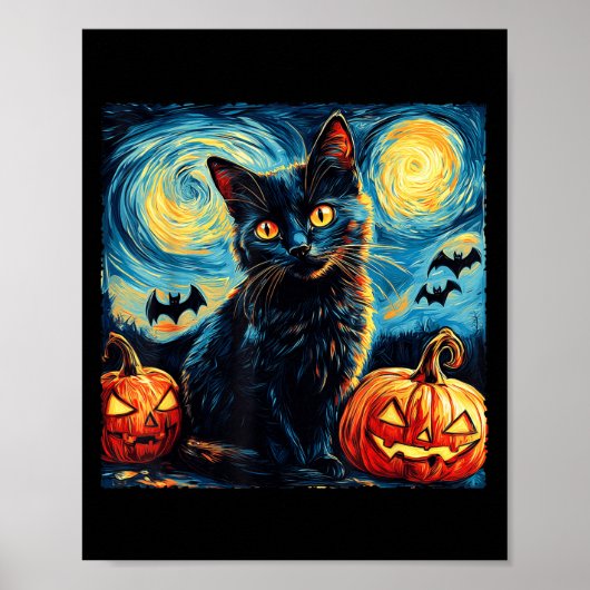 ハロウィン ヴァンゴッホ 星空 黒猫 かぼちゃ ポスター (正面)