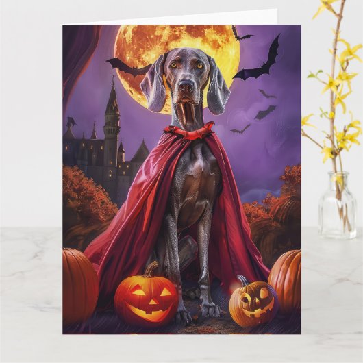 ハロウィン・ヴァンパイア・パンプキンとワイマラナー カード (黄色い花)