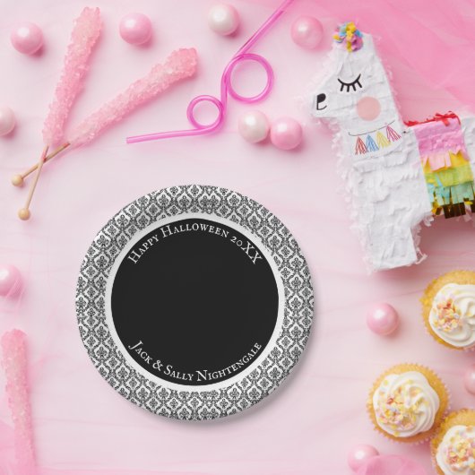 ハロウィン ヴィクトリアン ダマスク ブロケード 白地に黒 ペーパープレート (パーティー)