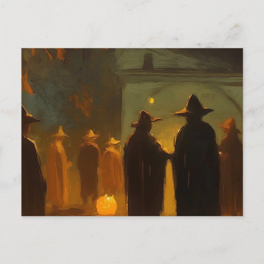 ハロウィン ヴィンテージの町での集まり ポストカード (正面)