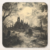 ハロウィン ヴィンテージ 墓地 墓石 スクエアペーパーコースター (正面)