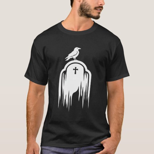 ハロウィン 不吉なワタシ 黒い鳥 墓石 シルエット デザイン Tシャツ (正面)