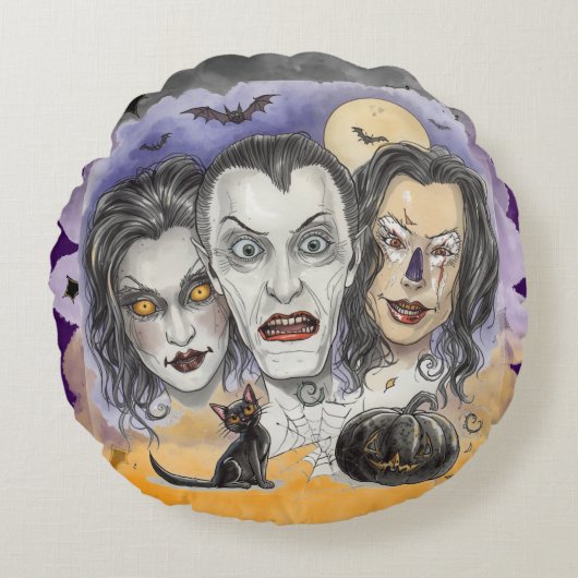 ハロウィン、不気味な笑いマスク、黒猫の観察 ラウンドクッション (正面)