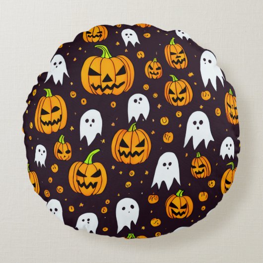 ハロウィン:不気味スマイルとカボチャの友人 ラウンドクッション (正面)