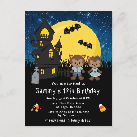 ハロウィン 仮装 誕生日 オオカミ男 青 ポストカード (正面)