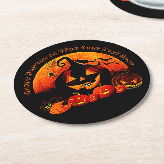 ハロウィン 名前 年 20xx グロー パンプキン 猫 ウェブ ラウンドペーパーコースター (アングル)