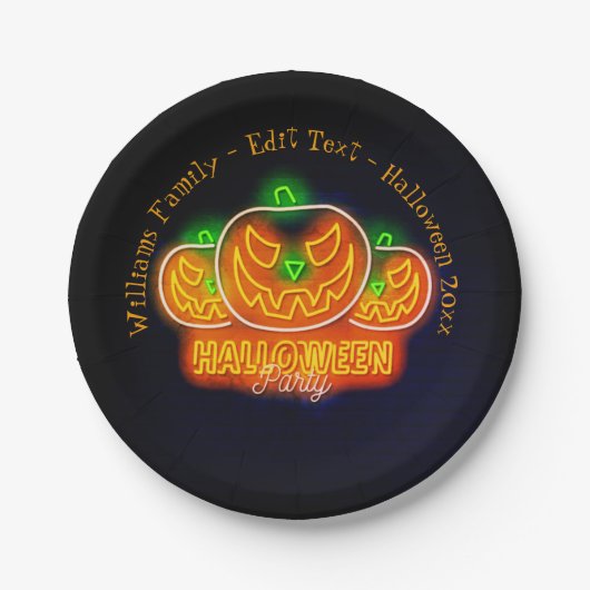 ハロウィン 名前 年 20xx ネオン グロー っぽい かぼちゃ 7" ペーパープレート (正面)