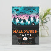 ハロウィン 墓地 白黒の幽霊 不気味な空 招待状 (スタンド正面)