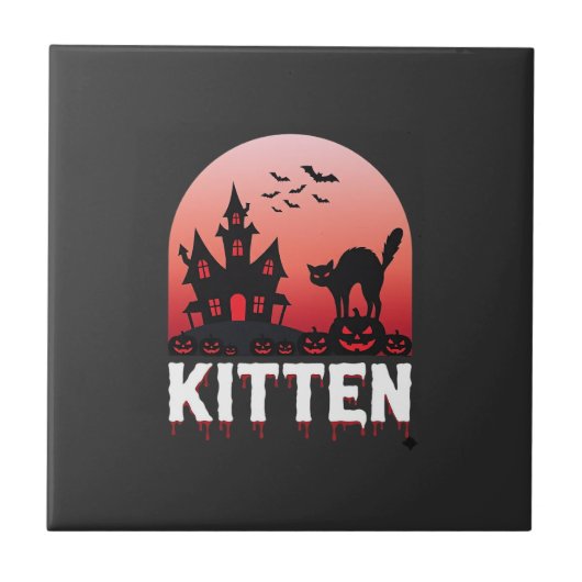 ハロウィン+子猫+お化け屋敷+猫デザイン_1 タイル (正面)