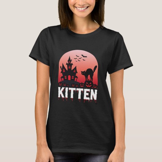ハロウィン+子猫+ホーンテッド+ハウス+猫+デザイン_1 Tシャツ (正面)