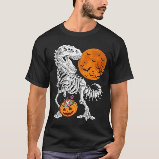 ハロウィン 少年 恐竜 スケルトン ティラノサウルス スケア ポンプキン Tシャツ (正面)