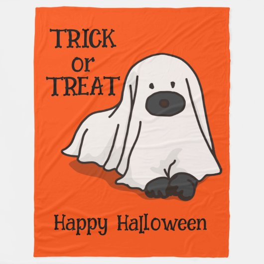 ハロウィン+幻想的+かわいい+オレンジ色の幽霊犬 フリースブランケット (正面)